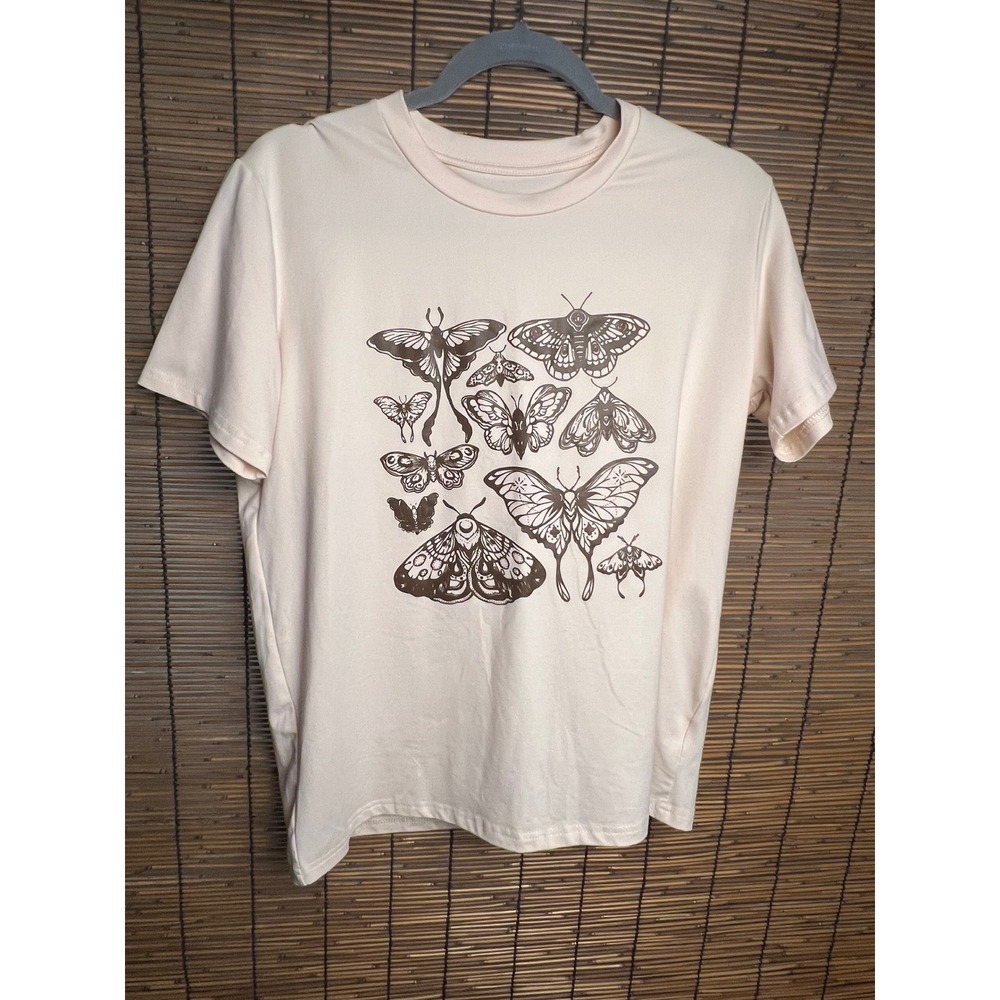 Womens Peach Moth Butterfly Graphic T-Shirt Short Sleeve Nature Tee Medium